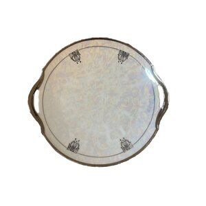 Vintage Bavaria Tirschenreuth Iridescent Plate with Handles And Silver Trim 10in